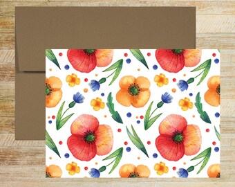 Orange & Yellow Floral Note Cards - Set of 4 - Watercolor Pattern Stationery - PRINTED