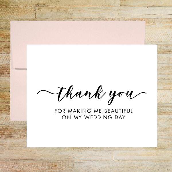 Wedding Day Hair Stylist Thank You Card, Makeup Artist Note Card, Wedding Vendor Tip Card, PRINTED A2 Folded Card with Envelope