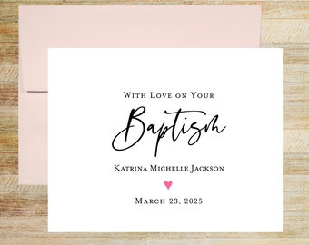 With Love On Your Baptism Pink Heart Custom Greeting Card, Personalized Girl Christening, PRINTED A2 Folded Card with Envelope