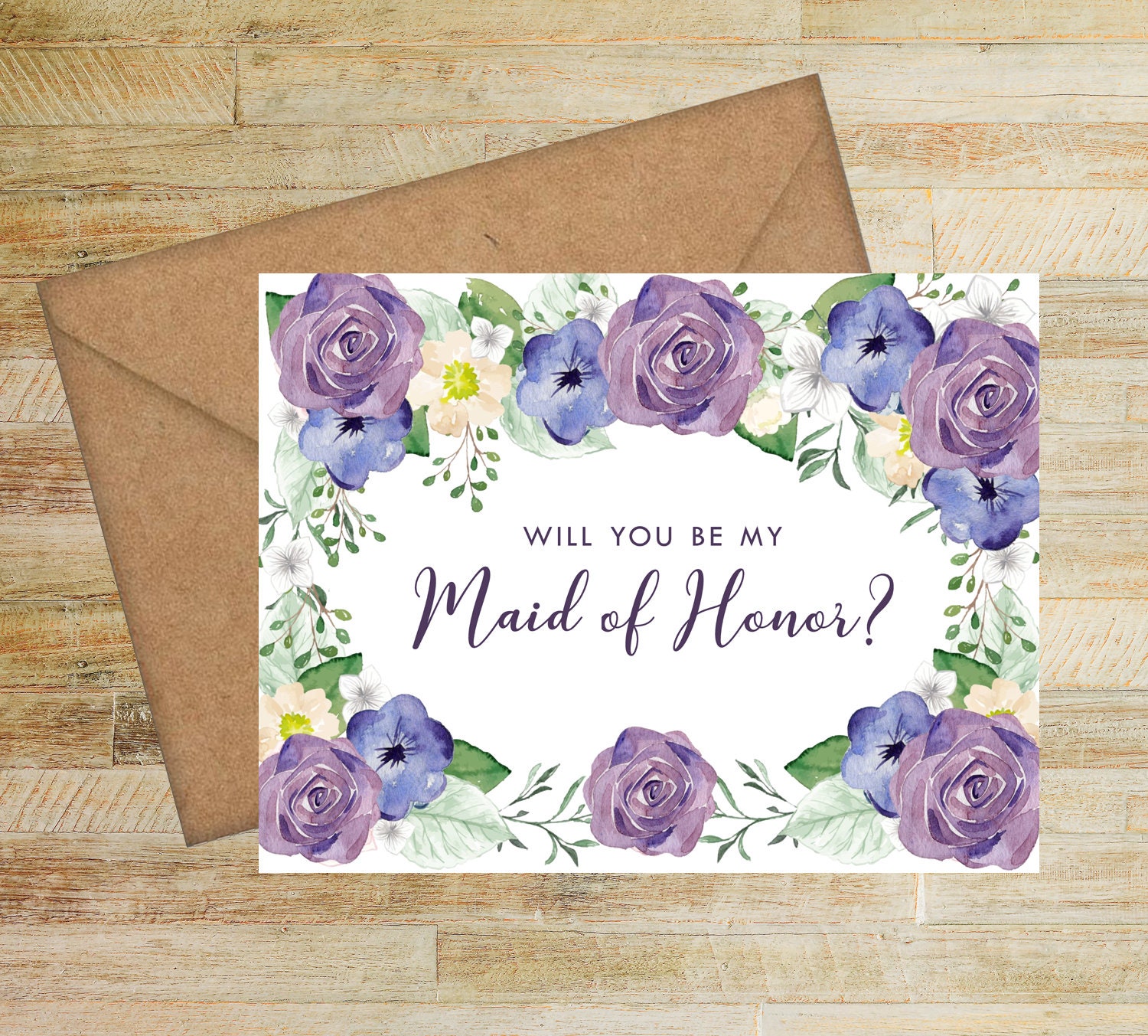 Maid of Honor Proposal Card | Purple and Navy Floral | Will You Be My Maid of Honor Card | PRINTED