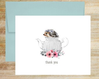 Hedgehog Teapot Thank You Note Card, Floral Watercolor Greeting Card, PRINTED A2 Folded Card with Blank Envelope