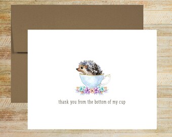 Hedgehog Teacup Thank You Note Cards | Set of 5 | Cute Floral Stationery Gifts | PRINTED