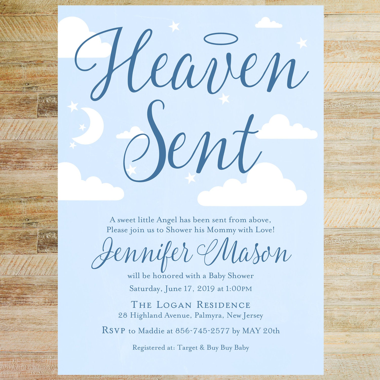 Heaven Sent Navy Baby Shower Invitation / Printed Halo Baby Shower Invites / Baby Book Poem Card ...