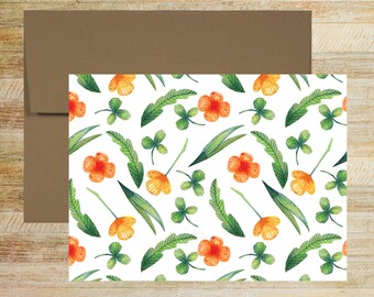 Orange & Green Floral Note Cards - Set of 4 - Watercolor Pattern Stationery - PRINTED