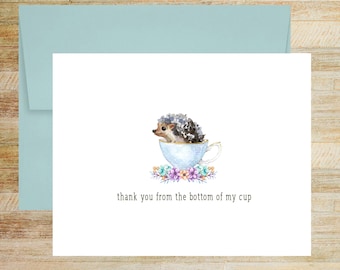 Hedgehog Teacup Thank You Note Card,  All Occasion Greeting Card, Birthday, Bridal or Baby Shower, PRINTED A2 Folded Card with Envelope