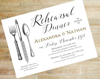 Vintage Silverware Rehearsal Dinner Invitations, Set of 10, 5 x 7 PRINTED A7 Flat Cards with Envelopes, Elegant Wedding Rehearsal Invites