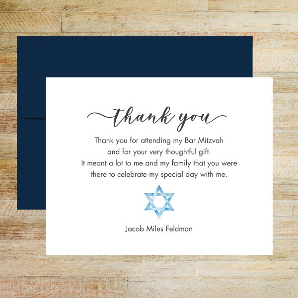 Personalized Bar Mitzvah Thank You Cards, Set of 25 Cards, Blue Star of David Stationery, PRINTED A2 Flat Cards and Envelopes