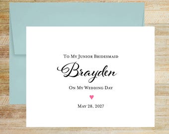 Personalized Junior Bridesmaid Wedding Day Card, Keepsake Greeting, Printed A2 Folded Card (Blank Envelope)