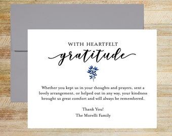 With Heartfelt Gratitude Sympathy Thank You Cards, Set of 25 Cards, Personalized Bereavement Stationery, PRINTED A2 Flat Cards and Envelopes