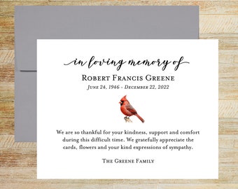 In Loving Memory Red Cardinal Sympathy Thank You Notes, Set of 25 Cards, Personalized Bereavement Stationery, PRINTED A2 Flat Cards