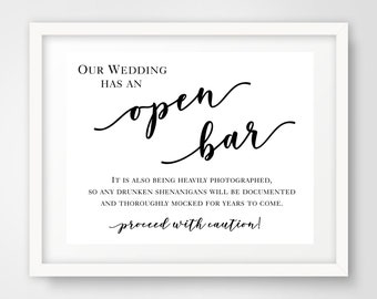 Open Bar Wedding Reception Sign, 8 x 10 Elegant Printable Wedding Decoration, INSTANT DOWNLOAD