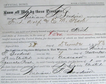 OGALLALA Precinct 1883 Election Bond, KEITH County NEBRASKA, William Goodwin elected for Assessor, legal ephemera