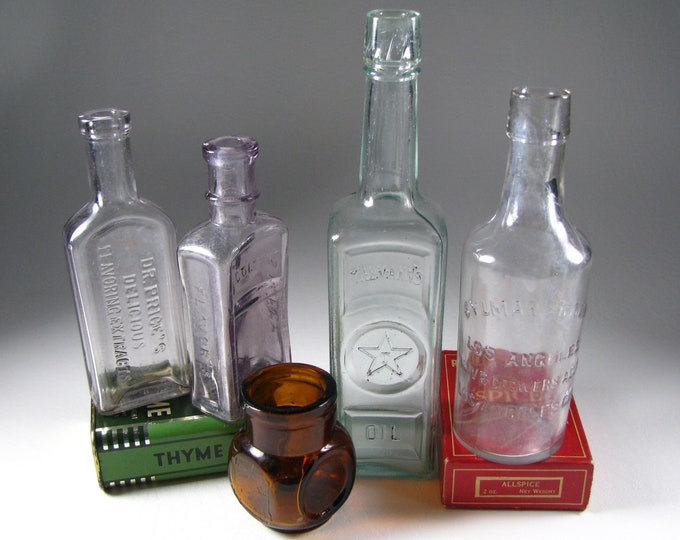 Vintage Farmhouse Kitchen Bottles, 5, Tillman's Oil, Dr. Prices