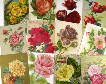 Victorian Rose Postcards, 12, Antique, Rosebuds, Old Greetings, Floral, Era, Paper Ephemera, Antique Paper, Victorian, Red, Pink, Yellow