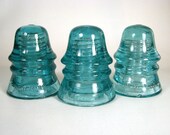 set of 3 old W BROOKFIELD insulators, Flared Skirt insulators, Electrical, aqua glass, CD 151, antique Telephone, Telegraph, Insulators