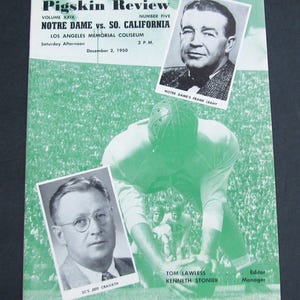 May include: A vintage "Pigskin Review" magazine cover from December 2, 1950, featuring a football game between Notre Dame and Southern California. The cover includes portraits of Frank Leahy and Jeff Cravath, along with a football player in action.