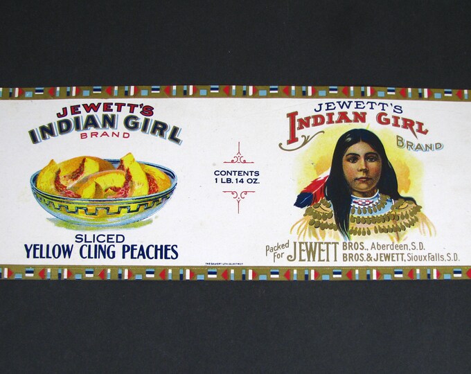 Beautiful 1918 JEWETT'S INDIAN GIRL Can Label, Yellow Cling Peaches