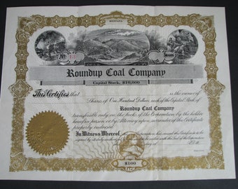neat old ROUNDUP MONTANA COAL Company stock certificate, Montana mining stock certificate, Coal Mining