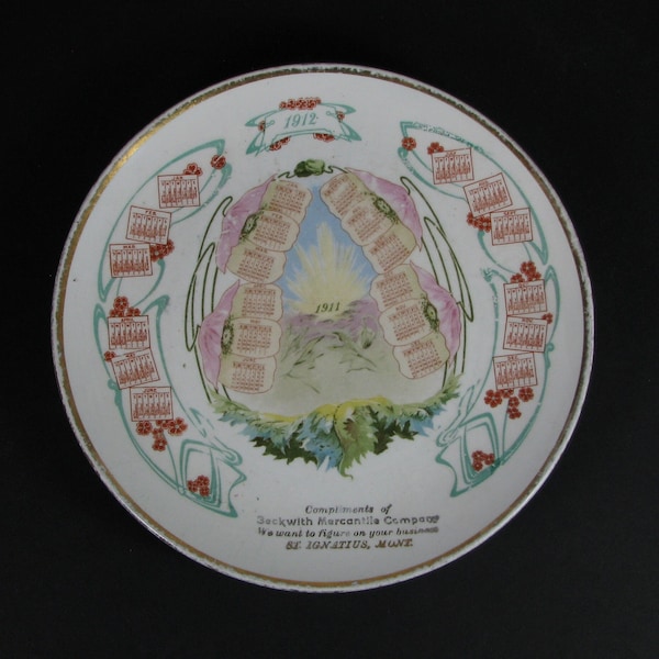 rare! 1911-1912 ST. IGNATIUS MONTANA calendar plate, Beckwith Mercantile Company, Flathead Indian Reservation, advertising plate