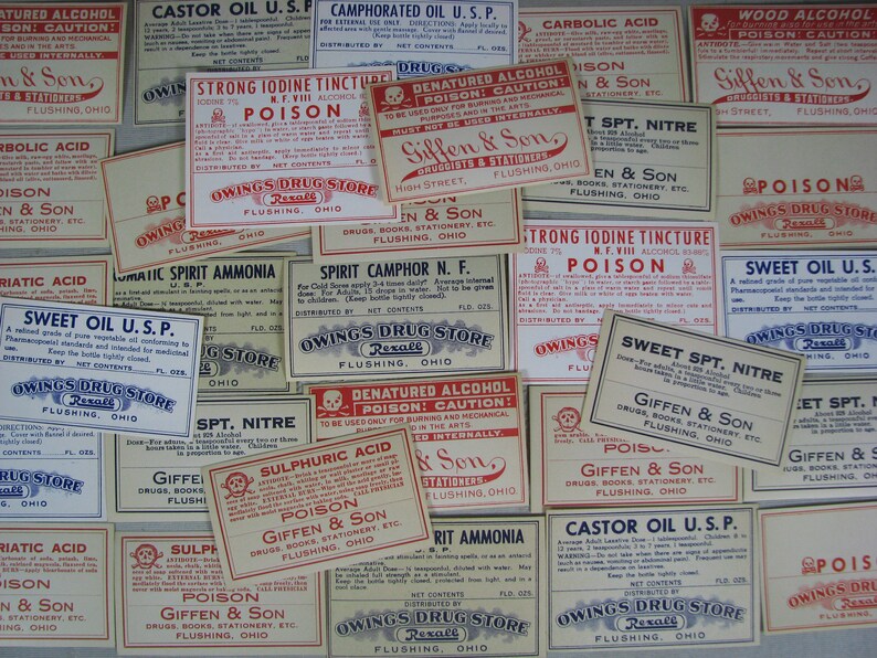 28 Old FLUSHING OHIO Medicine & Bottle Labels, GIFFEN and Son, Owings ...