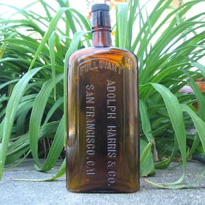 Adolph HARRIS & Co Western Whiskey Bottle, SAN FRANCISCO amber whiskey bottle, Wild West, Basement Bar Decor, Pre Prohibition flask
