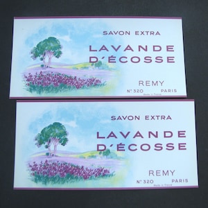 2 old Antique FRENCH Beauty Soap labels, LAVANDE E&#39;ECOSSE, Remy Paris France, Cosmetic, Lavender