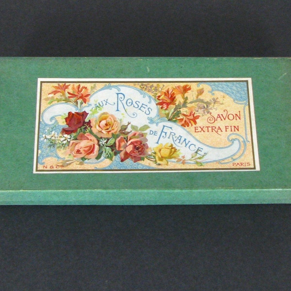 1920s French Soap Box, Savon ROSES Extra Fin soap box, Vintage PARIS France soap box label, Parfumerie salon decor