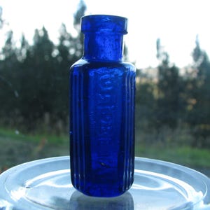 tiny! 1/2 oz antique poison bottle, 2&quot; Hexagonal Cobalt Blue POISON bottle, Ribbed Poison, ORIGINAL English bottle, Not To Be Taken