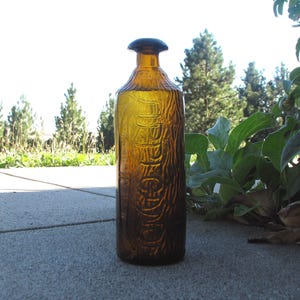 Beautiful! old Amber TIPPECANOE Bitters medicine bottle, H. H. Warner&#39;s Figural LOG shaped bottle, MUSHROOM style top, Rochester New York