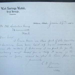 May include: An aged letter on cream-colored paper, featuring handwritten text and the header "Hot Springs Hotel." The letter is dated June 29th, 1904, and includes the sender's signature and location, Salmon, Idaho.