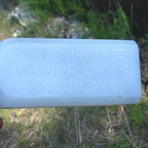 Milk Glass 1890s HUBERT&#39;S MALVINA LOTION cosmetic bottle, Beauty Cream bottle, Toledo Ohio, Professor Hubert