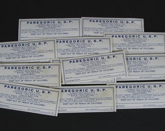 OBSOLETE group of 12 Old and Authentic PAREGORIC w/ Tincture OPIUM paper medicine labels, generic obsolete Narcotic labels