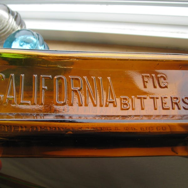 nice! old CALIFORNIA FIG BITTERS medicine bottle, San Francisco Cal, amber glass, hand blown bottle, Extract of Fig Company
