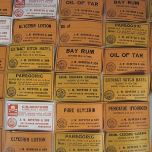 30 old AMHERST WISCONSIN medicine & poison labels, BOYNTON and Son, Apothecary, pharmacy decor, Druggists
