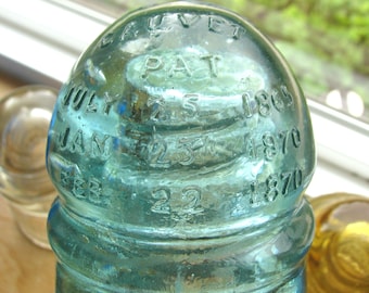 ca 1880 W. BROOKFIELD New York telegraph insulator, cd 126.3, aqua glass, 45 Cliff Street NY, Cauvet Patent 1865