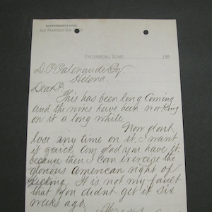 May include: A handwritten letter on aged paper with the text "SUPERINTENDENT'S OFFICE SAN FRANCISCO CO." at the top. The letter is addressed to "D.O. Calenaude Oy. Helena" and includes cursive handwriting with several lines of text.