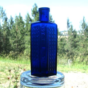 2 oz antique COBALT BLUE poison bottle, 4 3/8&quot;, Hobnail Poison bottle, English, Not To Be Taken, Irregular Hexagonal