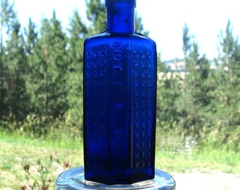 2 oz antique COBALT BLUE poison bottle, 4 3/8&quot;, Hobnail Poison bottle, English, Not To Be Taken, Irregular Hexagonal
