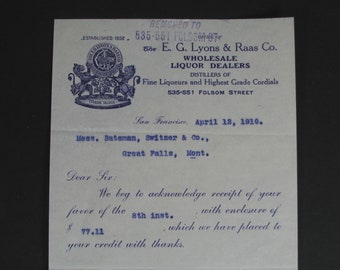 1910 old LYONS & RAAS Liquor Dealers receipt, San Francisco CALIFORNIA liquor dealer ephemera, Gin, Wines, Brandies, Bourbon Whiskey