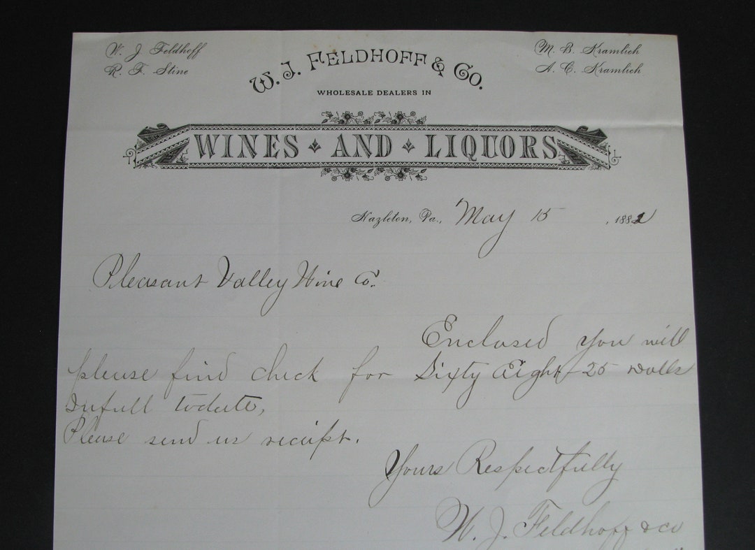 1882 Old HAZLETON PENNSYLVANIA Whiskey Letterhead, FELDHOFF Wines