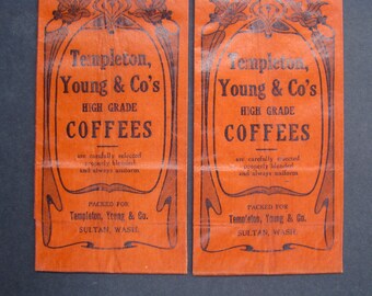 2 old 1920s COFFEE bags, SULTAN WASHINGTON, unused coffee bags, Templeton Young & Co. Coffee bags