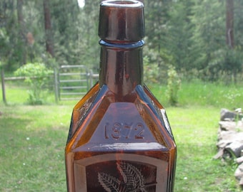 ca 1890 old Amber glass DOYLE&#39;S HOP Bitters bottle, Semi-Cabin shaped medicinal bitters, Rochester New York