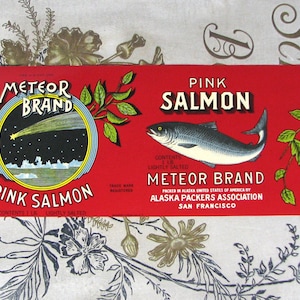 authentic METEOR salmon can label, ALASKA PACKERS salmon, 1939 San Francisco salmon label, authentic Salmon Can label, old Alaska label