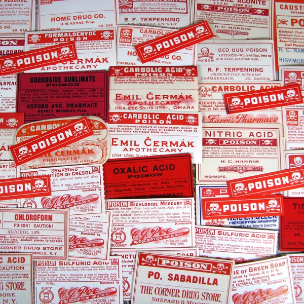 40 authentic POISON labels, 1900-1940's, SKULL & CROSSBONES labels, Medicine Lake Montana, Maine, South Dakota, Omaha Nebraska etc