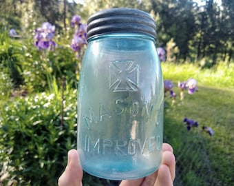 Midget size MASON IMPROVED Patent 1870 small fruit jar, CFJ Co lid, ground lip, Glass Lid and Band