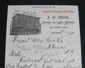 Imperial MONOGRAM whiskies, 1892 S W SMITH Wine Merchant letterhead, PHILADELPHIA letterhead, Importer of Wine