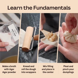 May include: A step-by-step guide to making dumplings, showing how to make a broth with agar agar powder, knead and roll the dough, mix the filling and place it in the center, and pleat and pinch the dumplings.