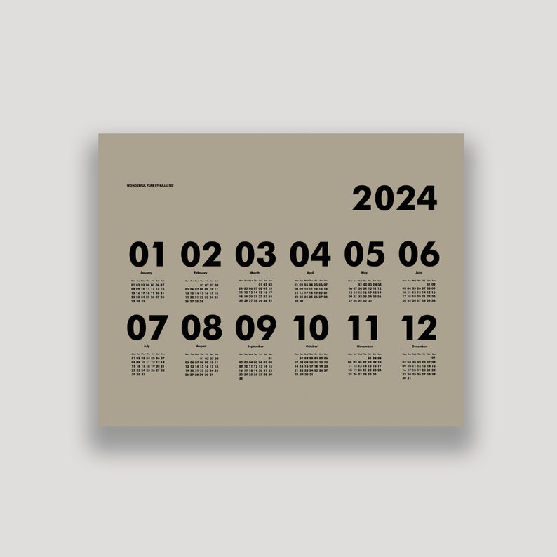 Minimalist Greige Wall Calendar 2024 by Kajastef horizontal Etsy
