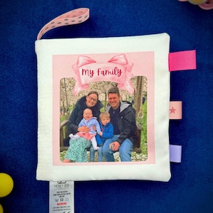 Personalised Fabric Baby Book with Family Photos | Crinkle & Ribbon Sensory Book | Custom Name Book for Babies | New Baby Keepsake | 12x12cm