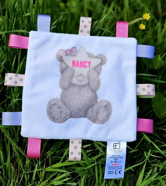 Personalised Baby Sensory Toy – Soft  Comforter with Crinkle and Ribbons – Washable Baby Gift